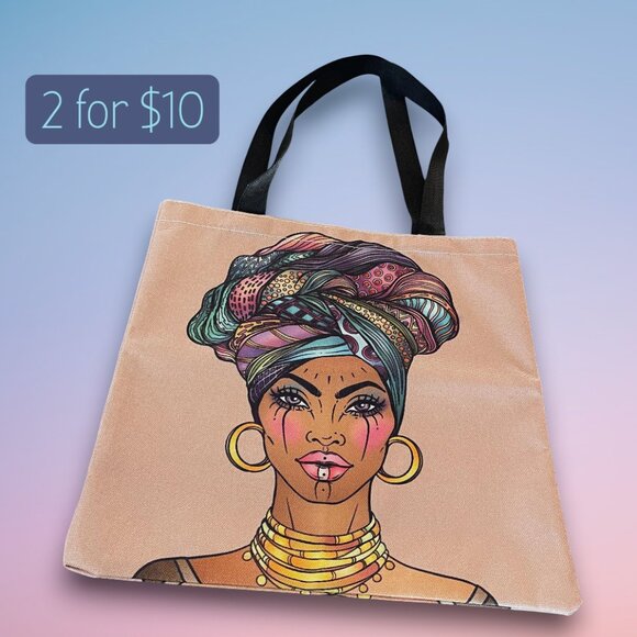 Nubian Goddess Ethnic Fabric Canvas Strap Painted Colorful Tote Bag - Picture 1 of 5